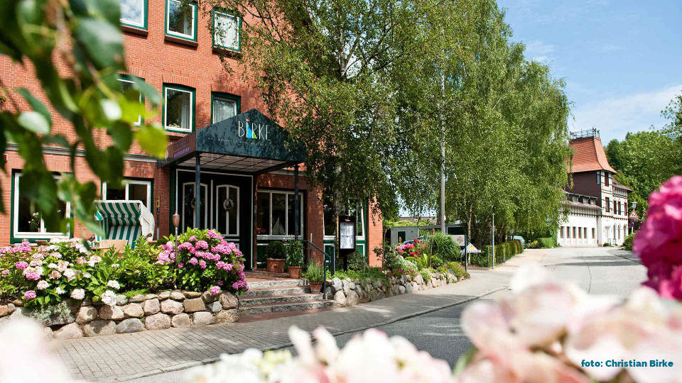 Vorderansicht des weitgehend plastikfrei bewirtschafteten Hotel Birke in Kiel an einem schönen Sommertag mit Bäumen und Rosenbusch.