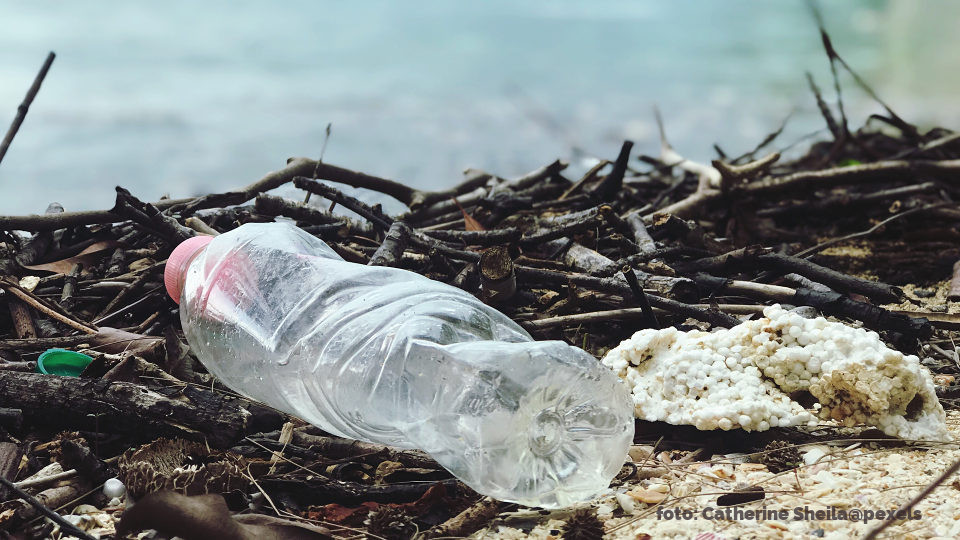 Eine leere Plastikflasche liegt weg geworfen am Strand.