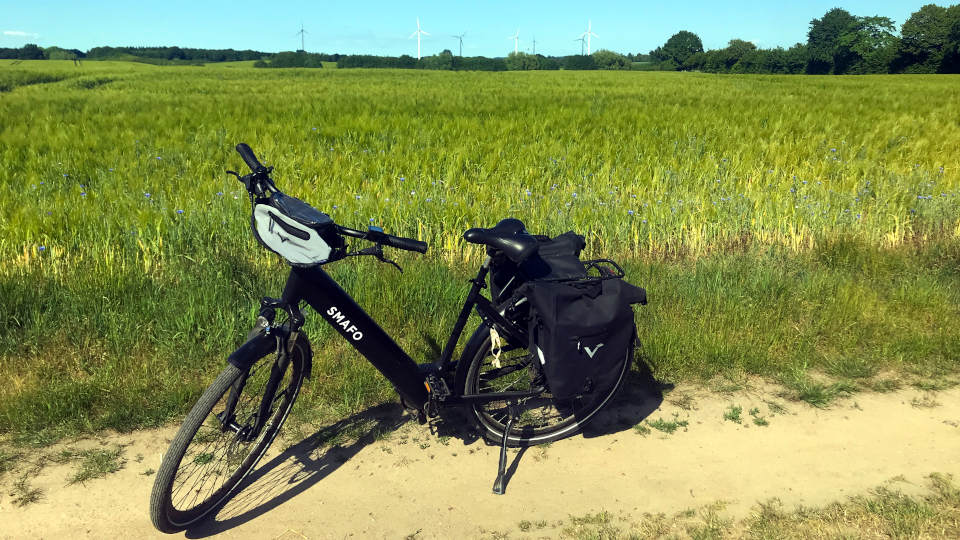 Mein E-Bike steht vor einem Feld mit einem rand aus Kornblumen. Im Hintergrund stehen mehrere Windräder.