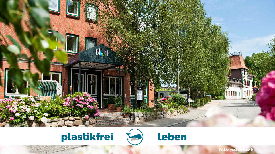 Vorderansicht des weitgehend plastikfrei bewirtschafteten Hotel Birke in Kiel an einem schönen Sommertag mit Bäumen und Rosenbusch.